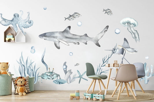 Blue Grey Underwater World Wall Decal - Shark Crab Octopus Jelly Fish - BR033