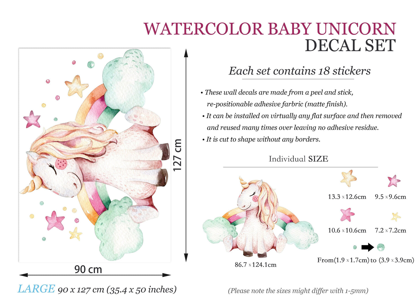 Dreamy Unicorn Rainbow Stars Wall Decal - BR060