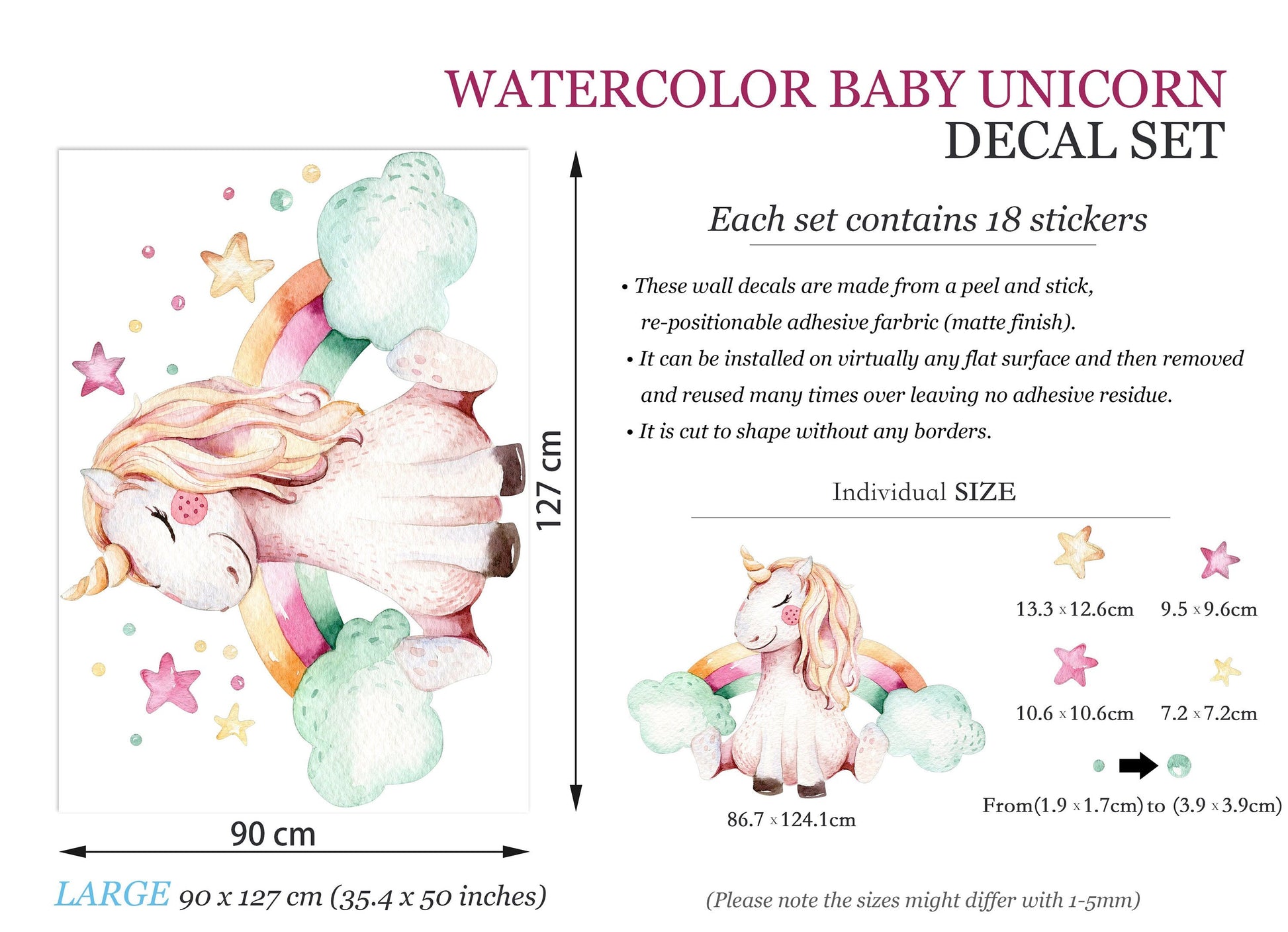 Dreamy Unicorn Rainbow Stars Wall Decal - BR060