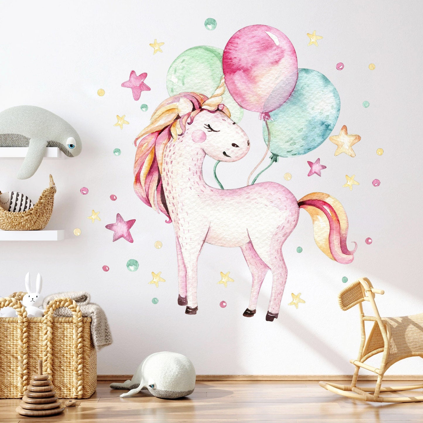 Magical Unicorn with Pastel Balloons and Stars Wall Decal - BR062