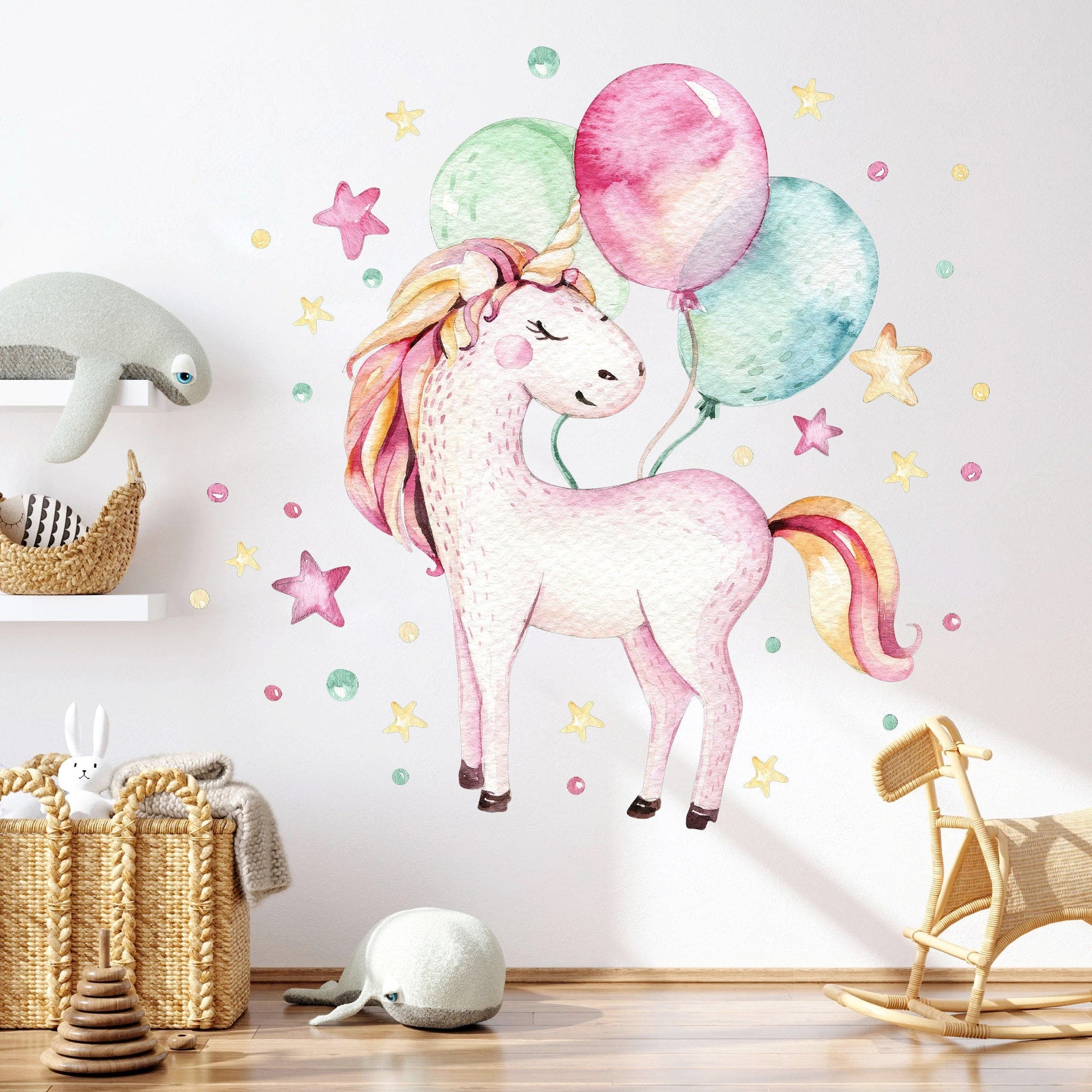Magical Unicorn with Pastel Balloons and Stars Wall Decal - BR062