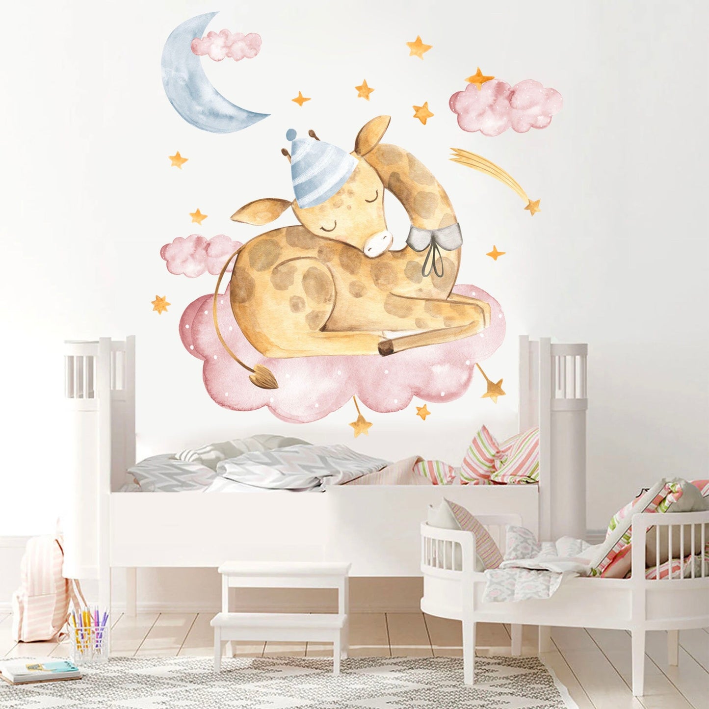 Sleeping Giraffe on Pink Cloud Wall Decals - Moon, Stars, Watercolor Style - Girls' Room Decor - BR064