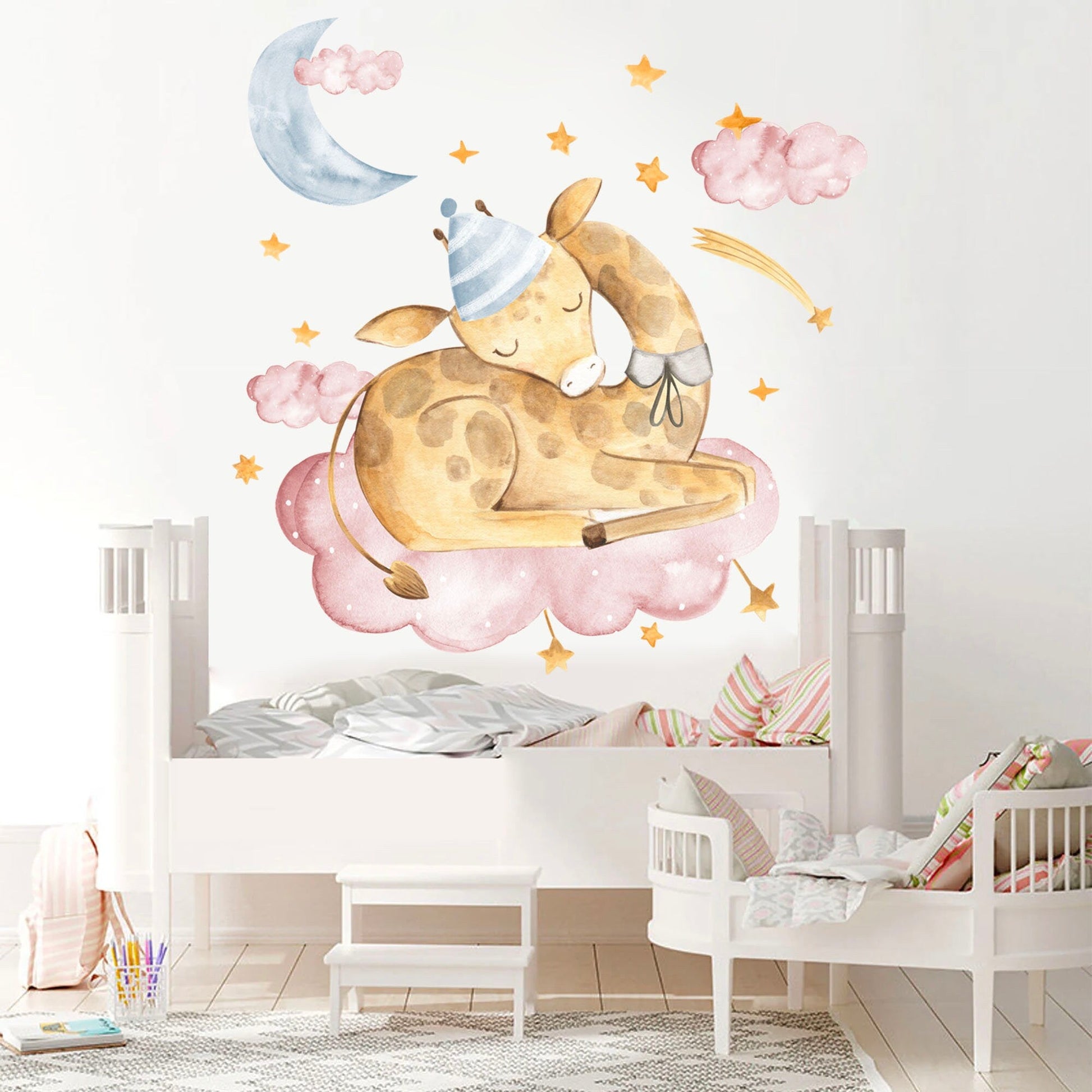 Sleeping Giraffe on Pink Cloud Wall Decals - Moon, Stars, Watercolor Style - Girls' Room Decor - BR064