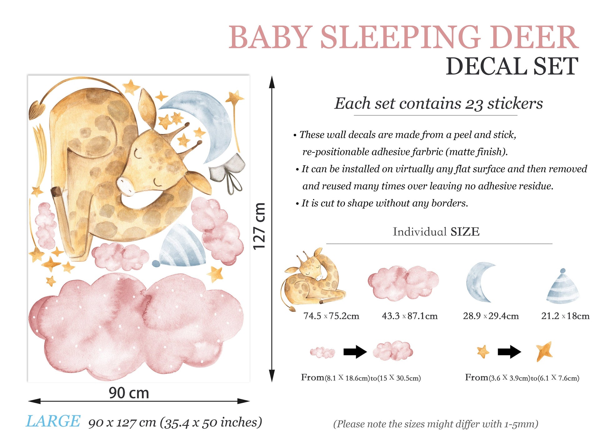 Sleeping Giraffe on Pink Cloud Wall Decals - Moon, Stars, Watercolor Style - Girls' Room Decor - BR064