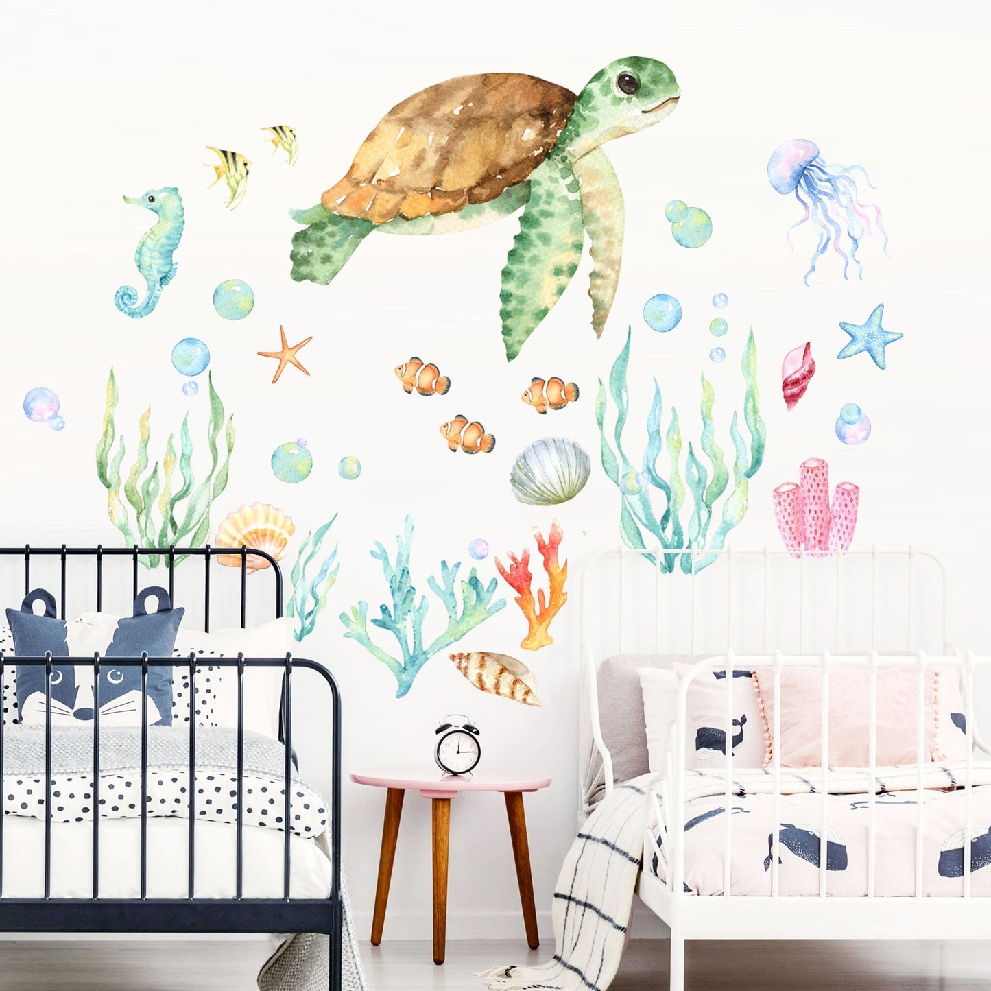 Watercolor Green Turtle in Underwater World Wall Decal - Removable Peel and Stick - BR039