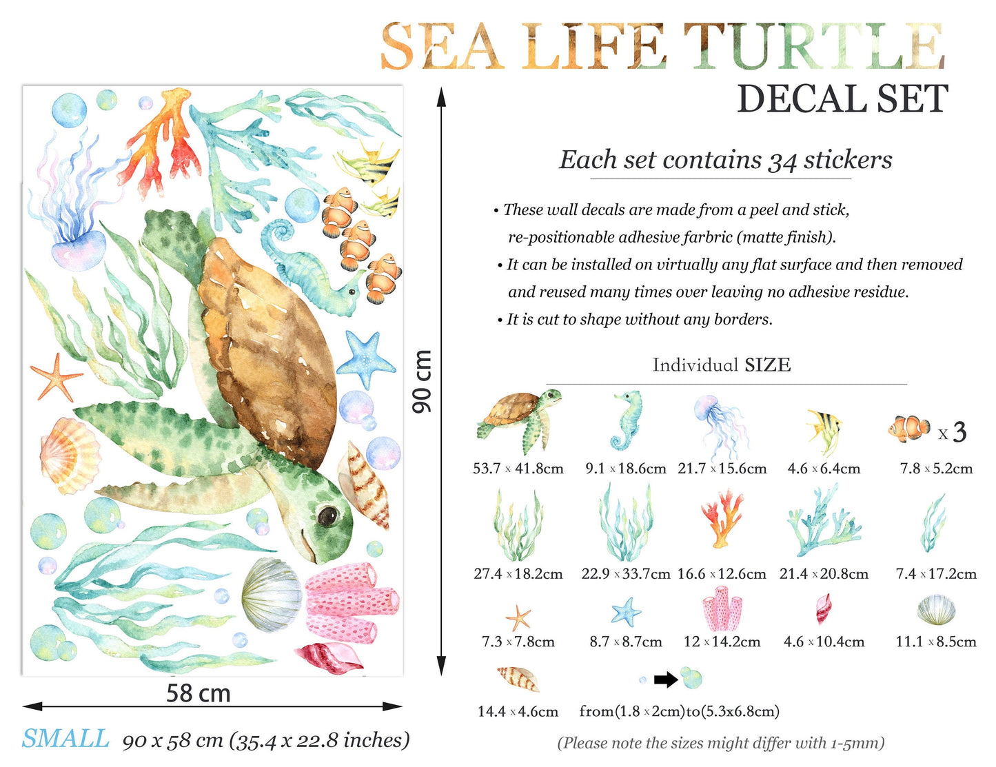 Watercolor Green Turtle in Underwater World Wall Decal - Removable Peel and Stick - BR039