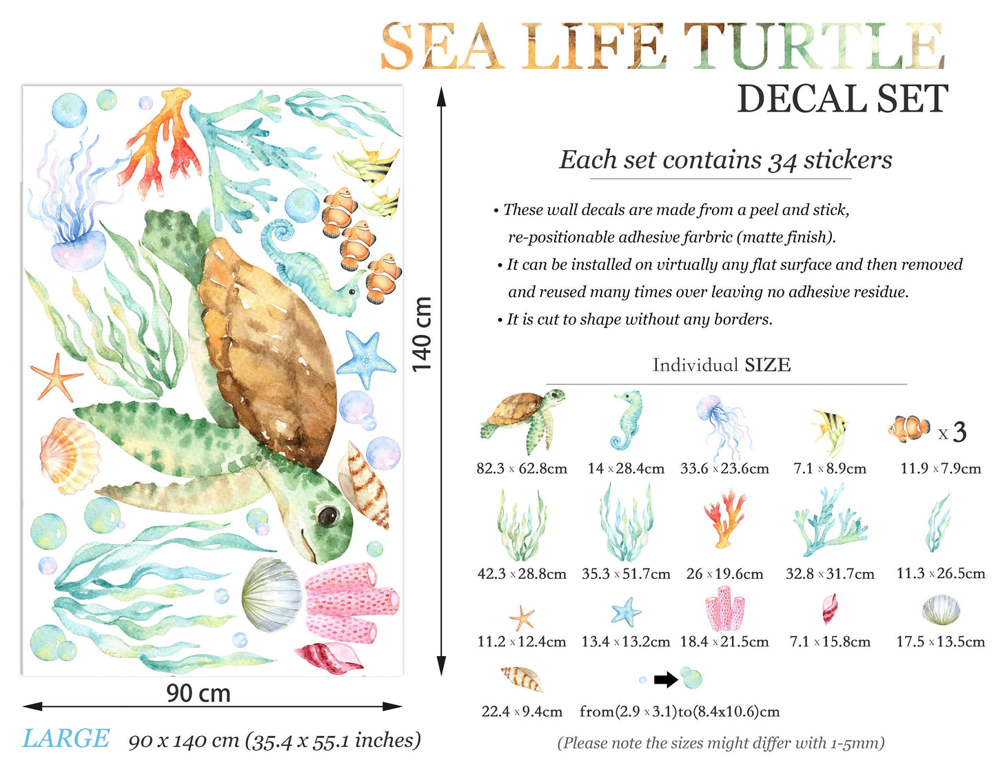 Watercolor Green Turtle in Underwater World Wall Decal - Removable Peel and Stick - BR039