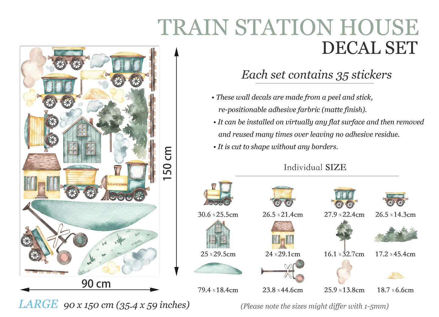 Watercolor Freight and Steam Locomotive Train with Traffic Lights, Houses, and Trees Wall Decal - BR071