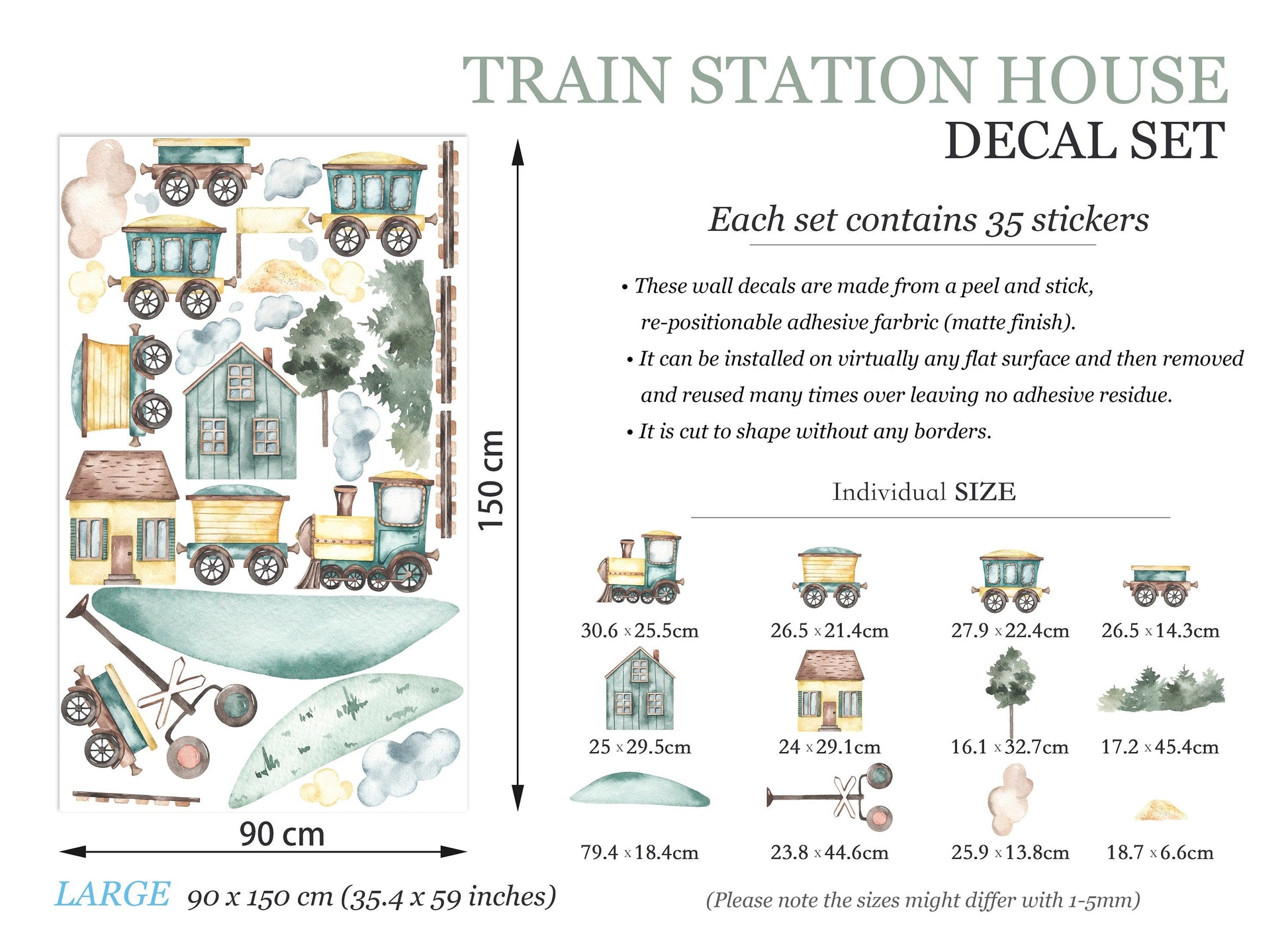 Watercolor Freight and Steam Locomotive Train with Traffic Lights, Houses, and Trees Wall Decal - BR071