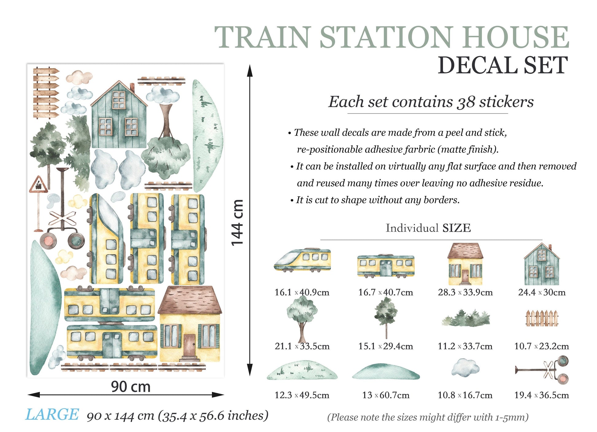 Watercolor Freight and Steam Locomotive Train with Traffic Lights, Houses, and Trees Wall Decal - BR071