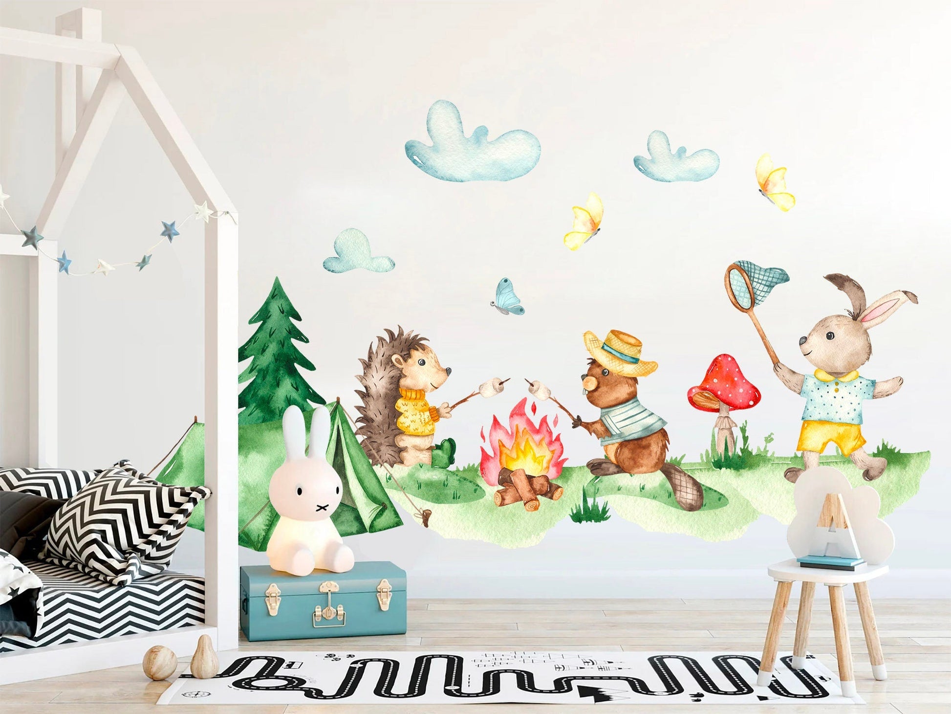 Camping Hedgehog, Bear, and Bunny with Tent, Campfire, and Butterfly Chasing Wall Decal - BR072