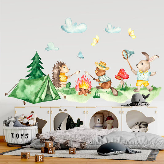 Camping Hedgehog, Bear, and Bunny with Tent, Campfire, and Butterfly Chasing Wall Decal - BR072