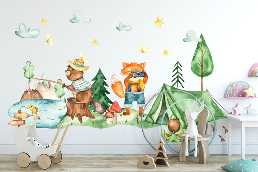Campsite Adventures: Bear Fishing, Fox Photography, Tent Camping Wall Decal - BR073