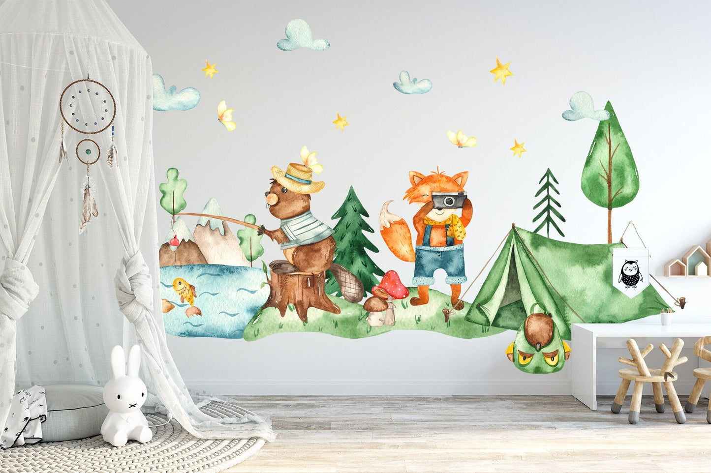 Campsite Adventures: Bear Fishing, Fox Photography, Tent Camping Wall Decal - BR073