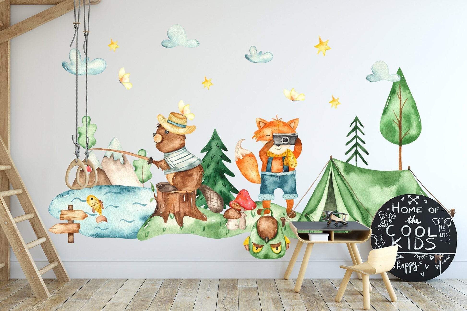 Campsite Adventures: Bear Fishing, Fox Photography, Tent Camping Wall Decal - BR073