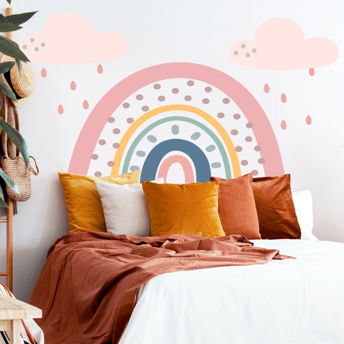 Polka Dots Rainbow under Pink Raining Clouds Wall Decal - BR042