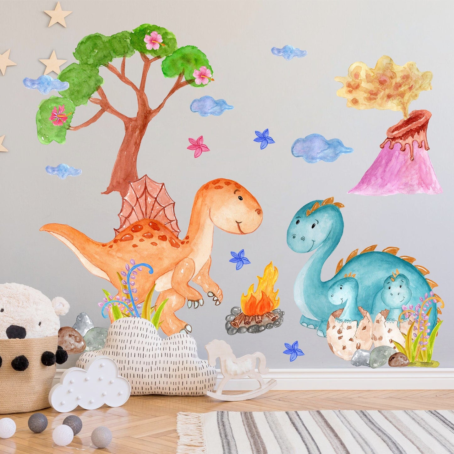 Dinosaur World Wall Decals: Colorful Dinosaurs, Volcano, Trees, Campfire, Hatching Babies Dinos - BR079