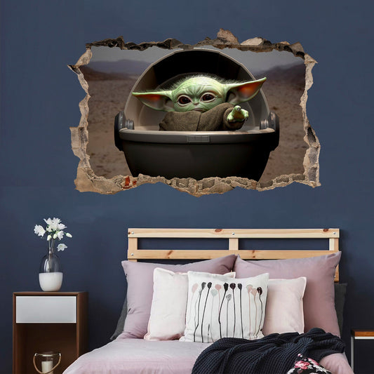 Star Wars Baby Yoda behide a Smashed Wall Hole 3D Wall Decal