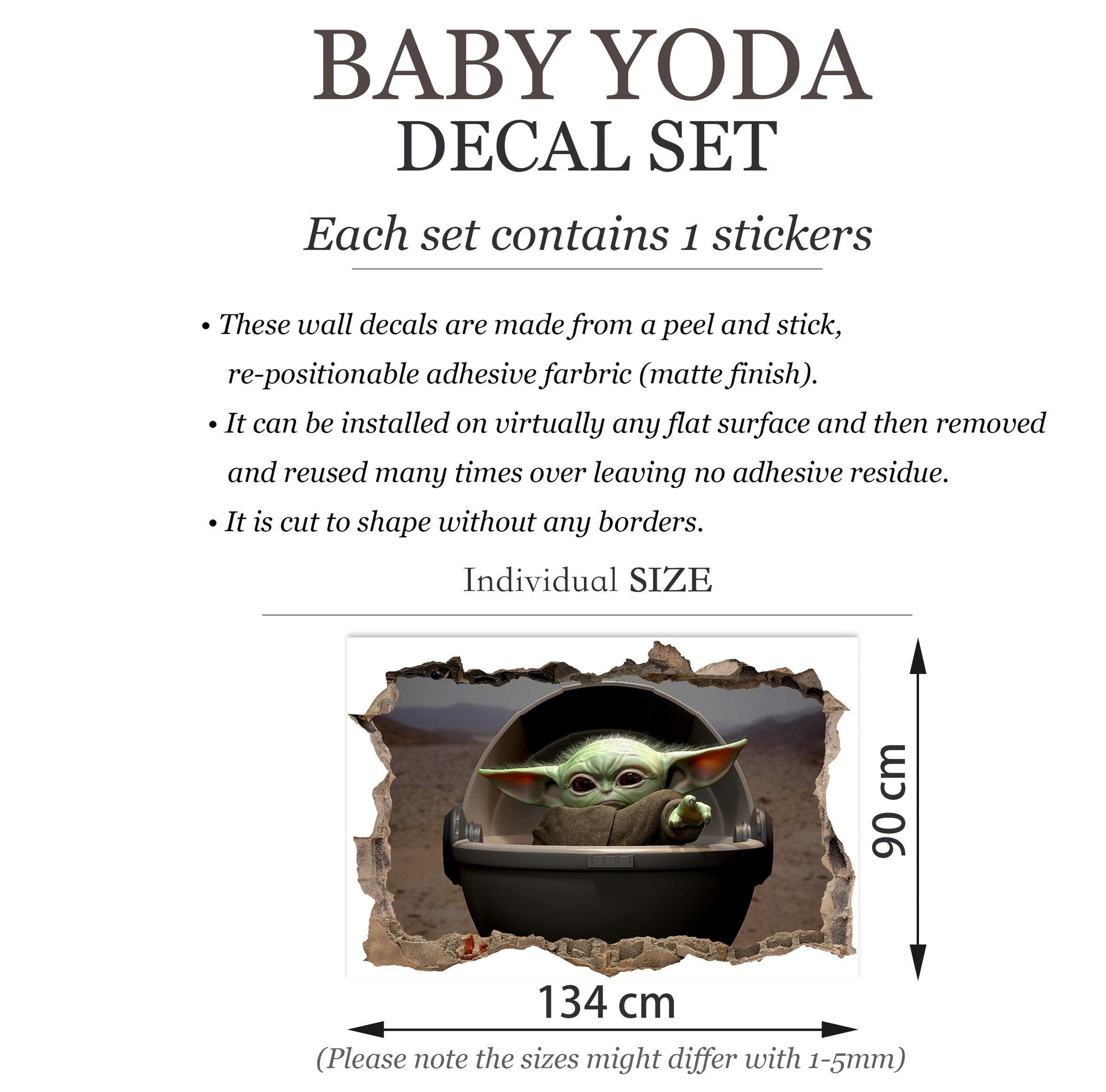 Star Wars Baby Yoda behide a Smashed Wall Hole 3D Wall Decal