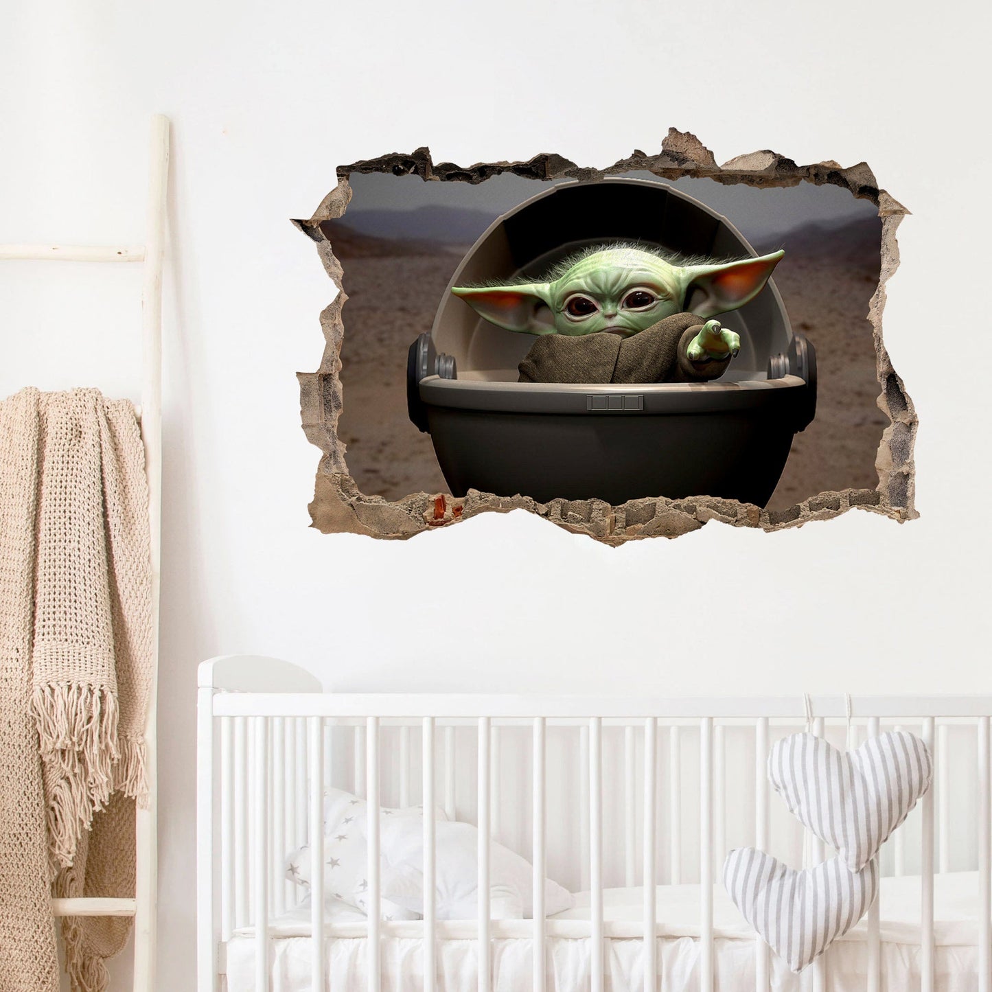 Star Wars Baby Yoda behide a Smashed Wall Hole 3D Wall Decal