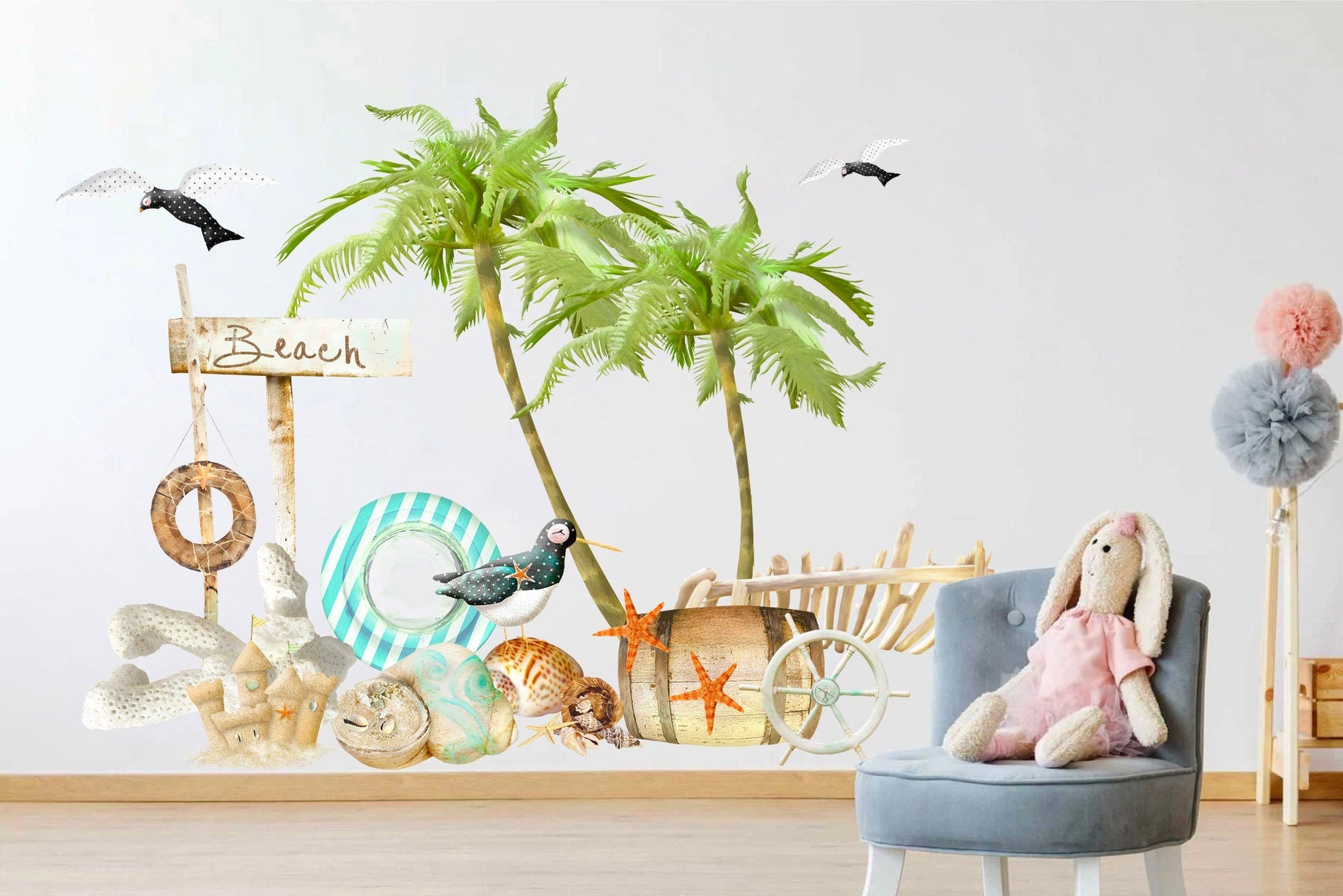 Beach Life Wall Decals: Palm Trees, Lifesaver, Sandcastle, Seashells, Barrel, Starfish - BR076