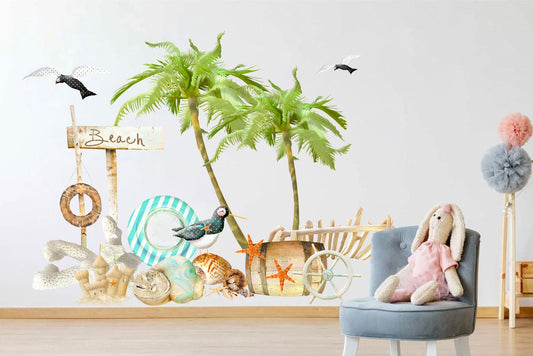 Beach Life Wall Decals: Palm Trees, Lifesaver, Sandcastle, Seashells, Barrel, Starfish - BR076