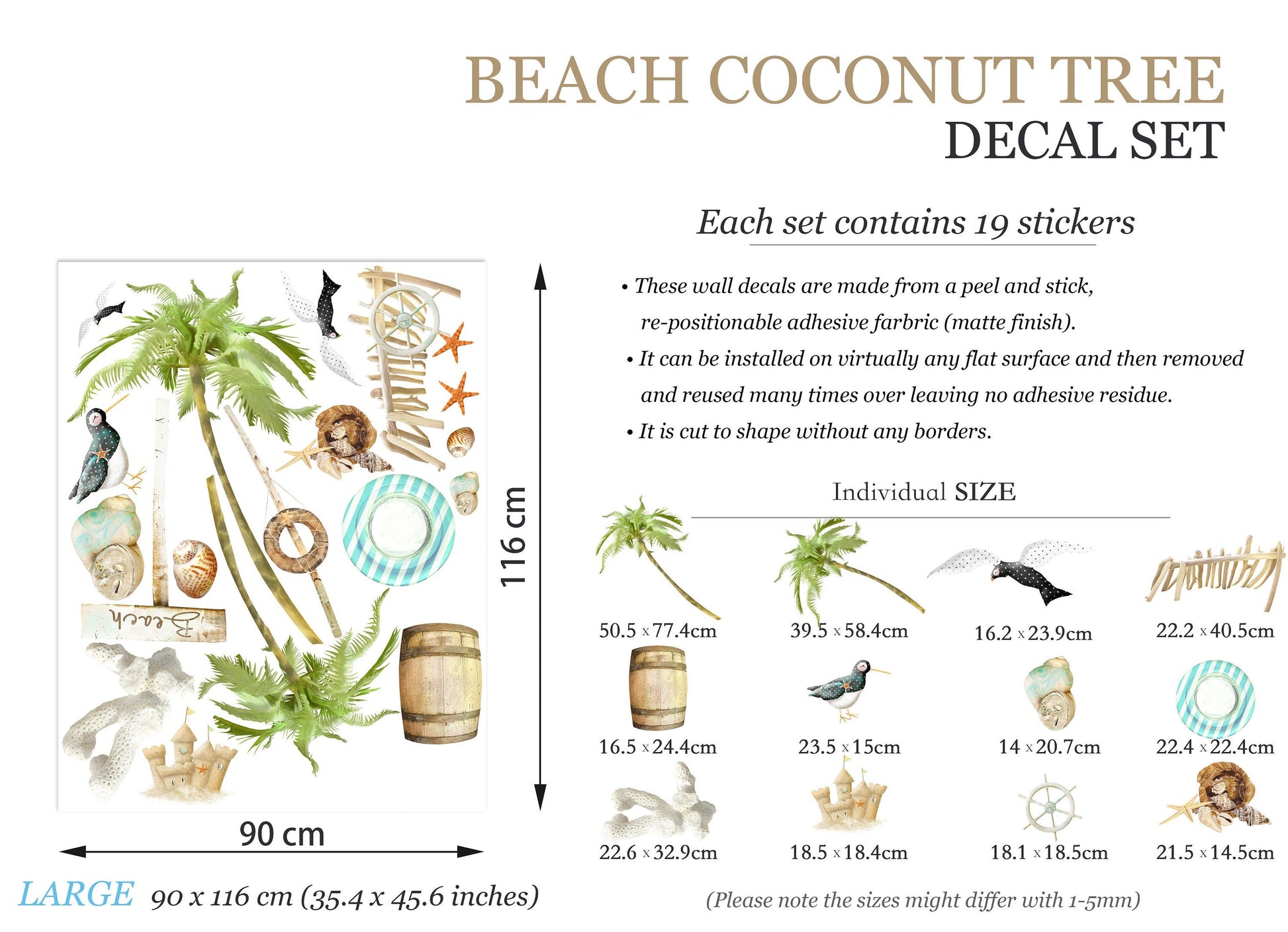 Beach Life Wall Decals: Palm Trees, Lifesaver, Sandcastle, Seashells, Barrel, Starfish - BR076