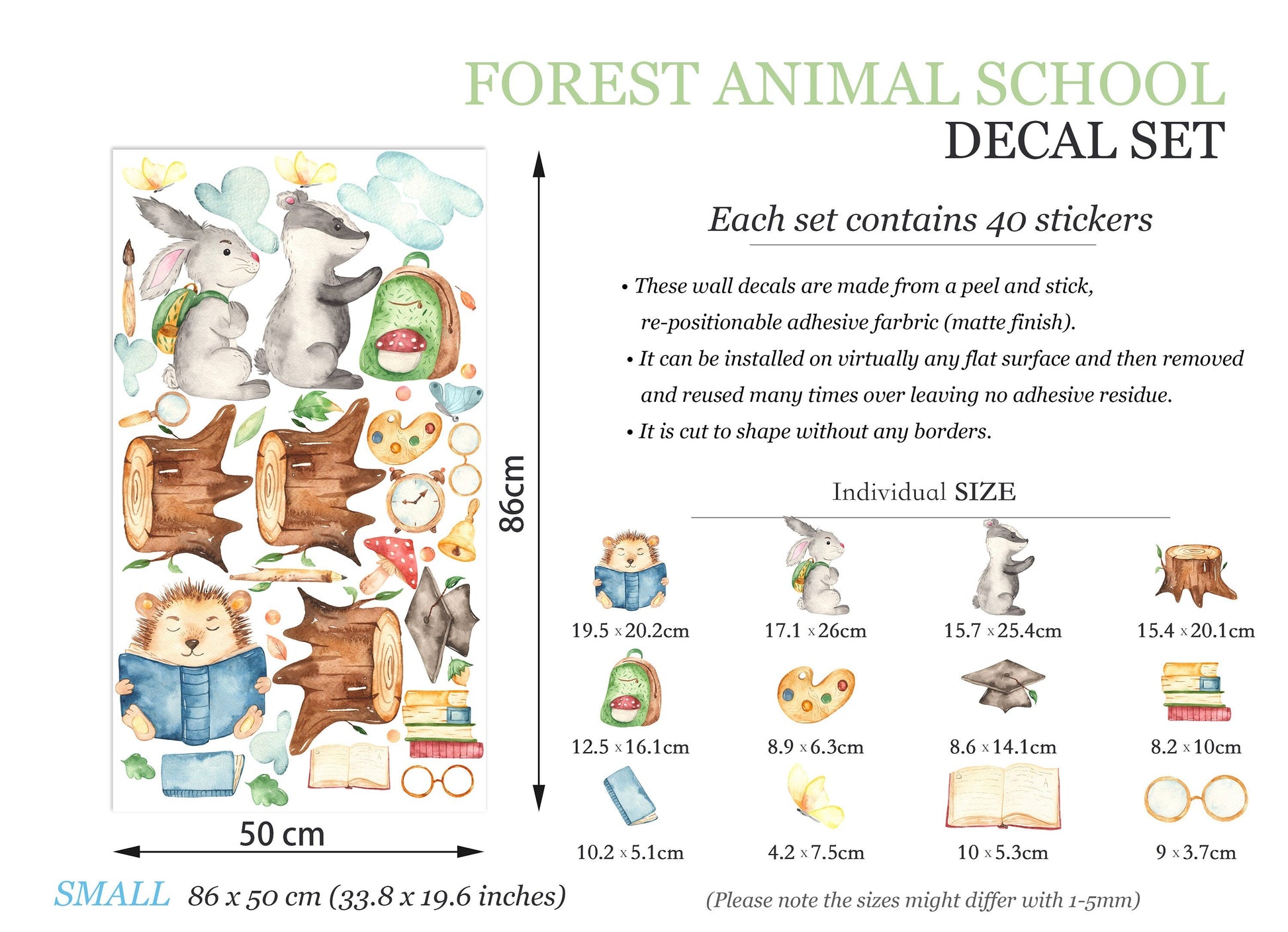 Woodland Scholars Wall Decals: Backpack Bunny, Book-reading Raccoon, Graduated Hedgehog on Stump - BR080