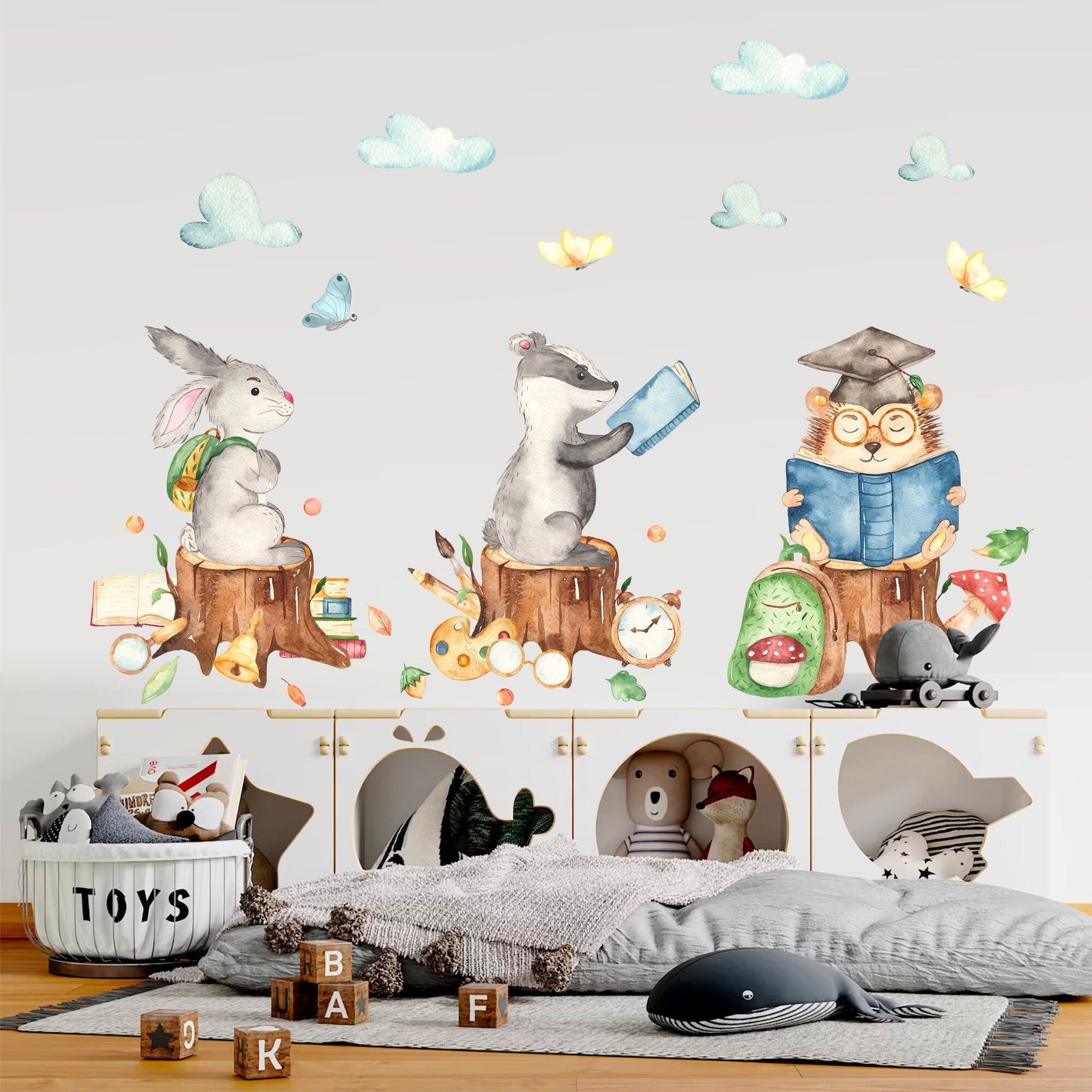 Woodland Scholars Wall Decals: Backpack Bunny, Book-reading Raccoon, Graduated Hedgehog on Stump - BR080