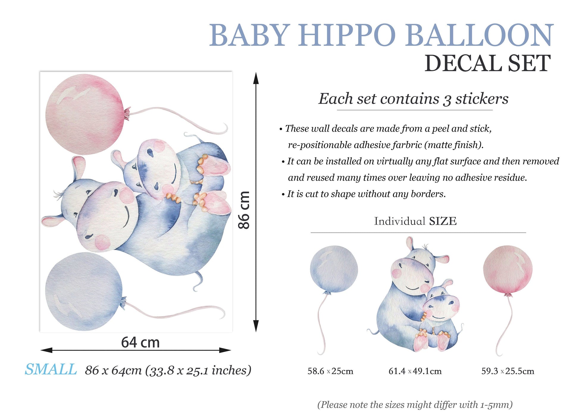 Watercolor Hippo Mom and Baby with Pink and Light Blue Balloons Wall Decals - Girls' Room Decor - BR082