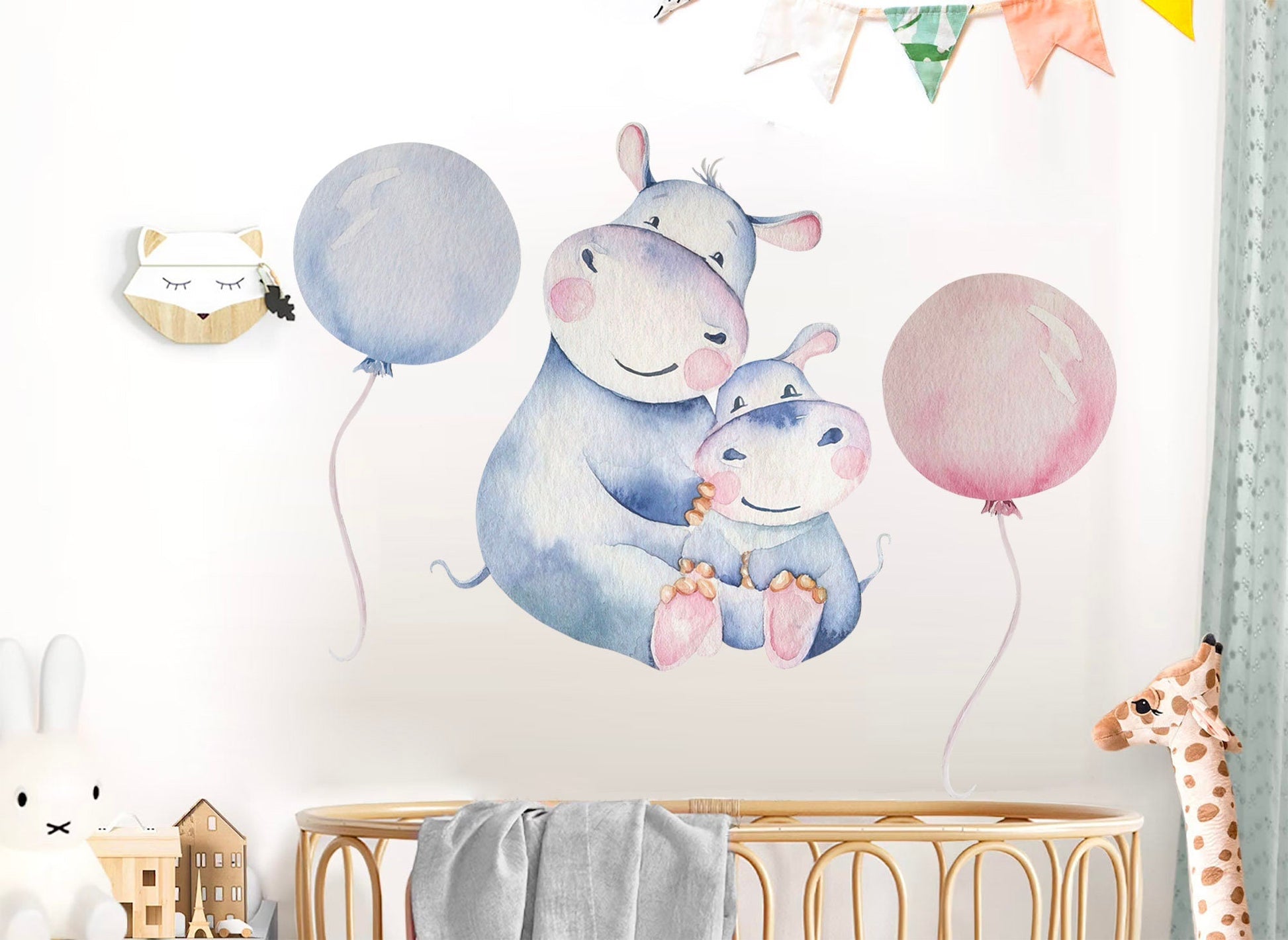 Watercolor Hippo Mom and Baby with Pink and Light Blue Balloons Wall Decals - Girls' Room Decor - BR082