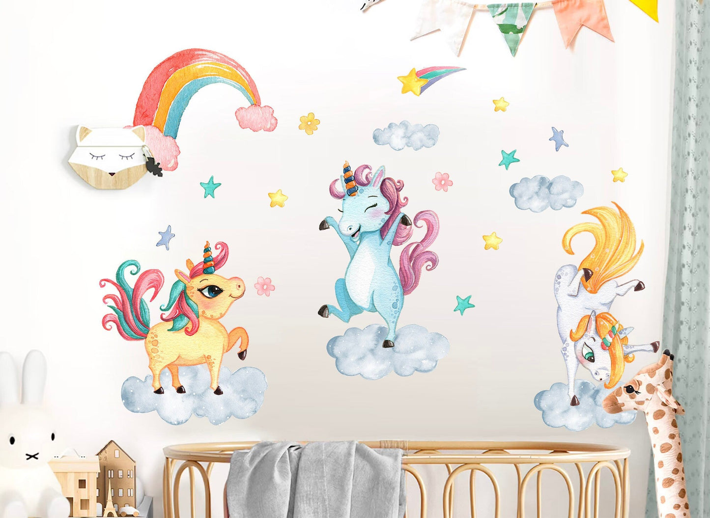 Dancing Unicorns in the Sky: Rainbow, Stars, Flowers Wall Decal - BR081