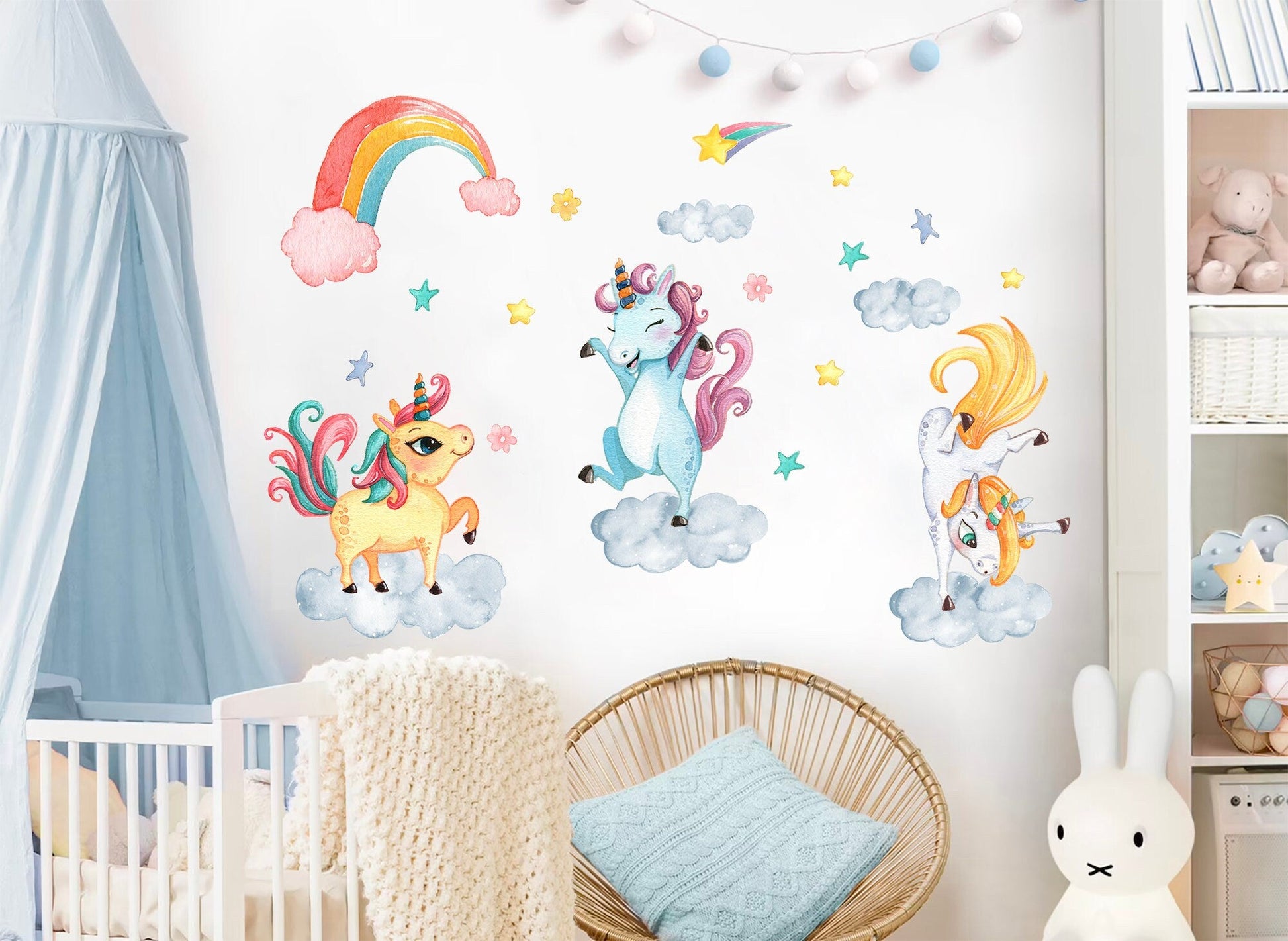 Dancing Unicorns in the Sky: Rainbow, Stars, Flowers Wall Decal - BR081