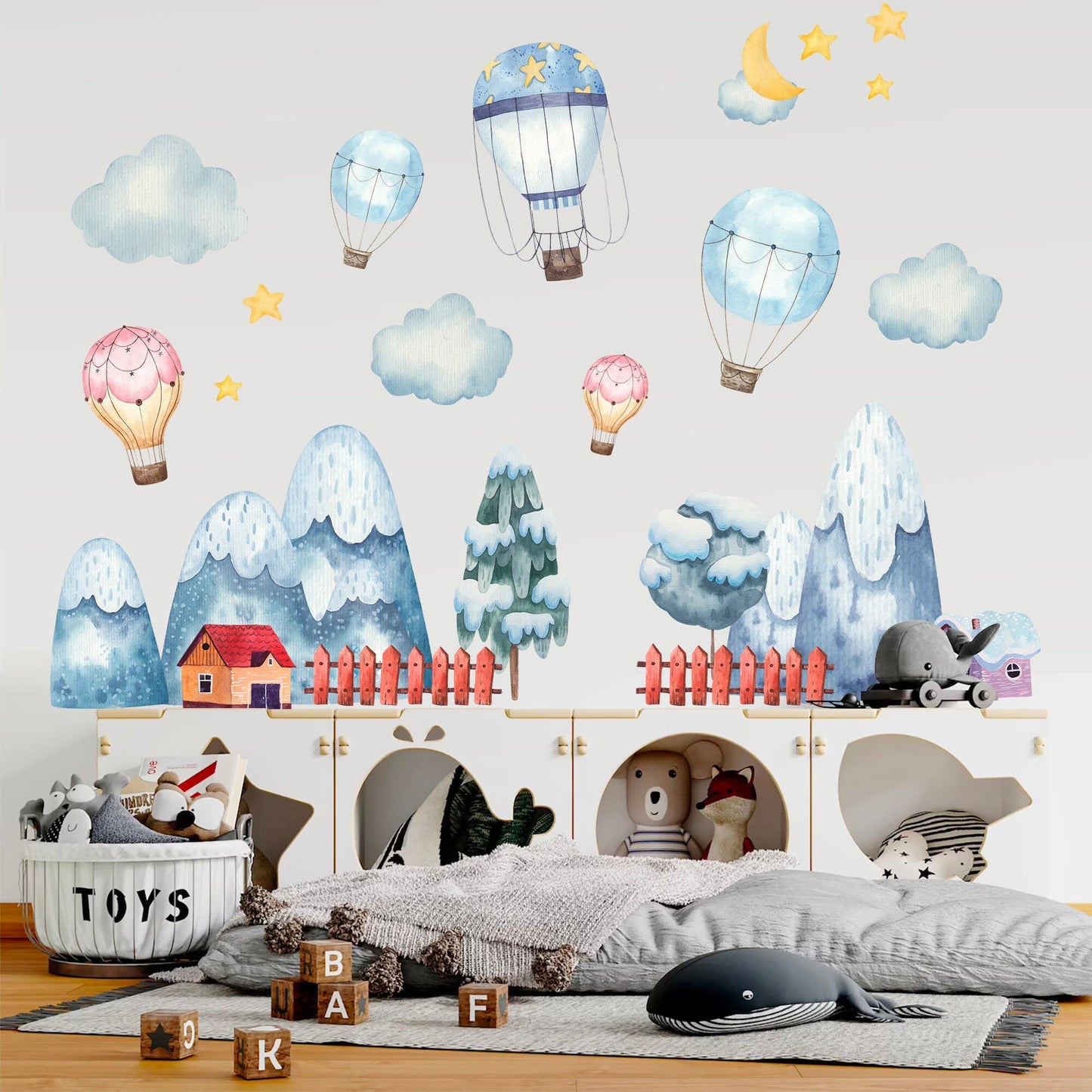 Baby Blue and Baby Pink Hot Air Balloons Over Snowy Mountains, Pine Forest, and Clouds Wall Decal - BR086