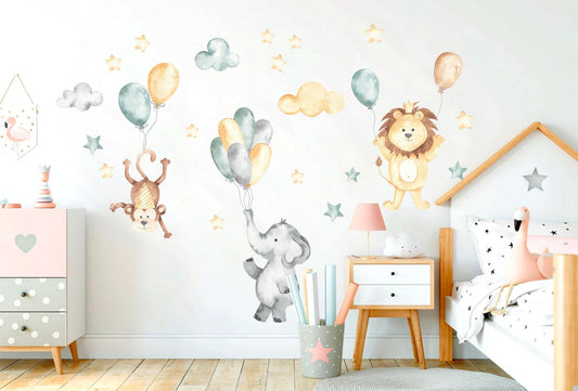Adventurous Animal Trio Flying with Balloons in Starry Sky Wall Decal - BR087