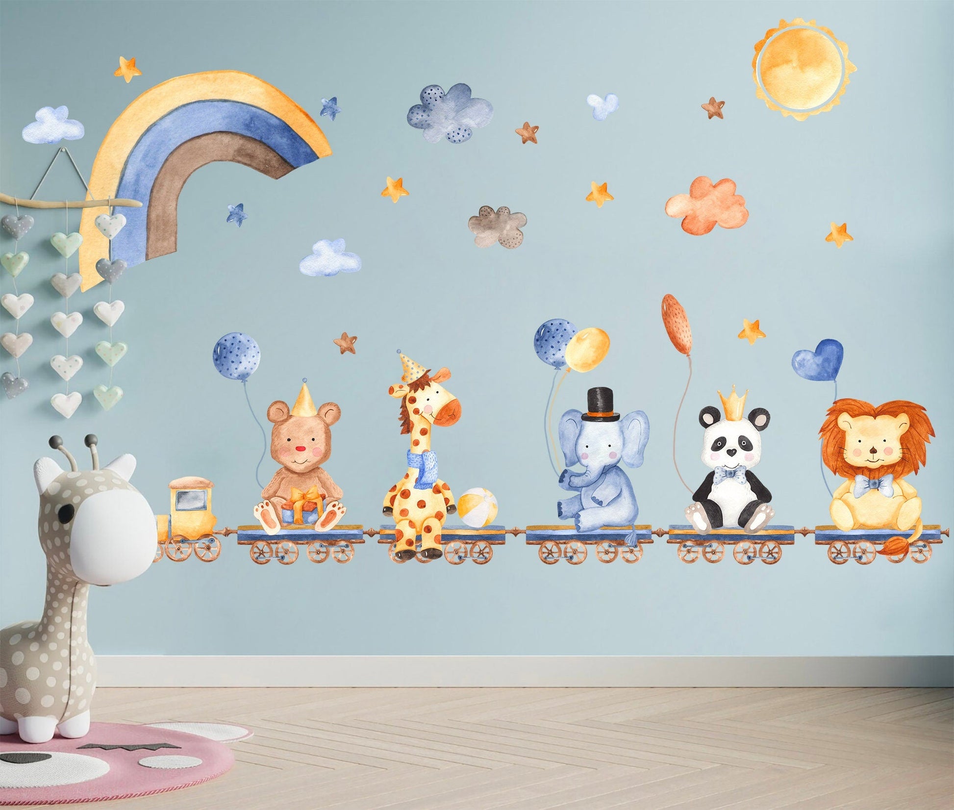 Animal Train Adventure: Bears, Giraffes, Lions, Pandas, Elephants on Train with Balloons under Starry Sky - BR088