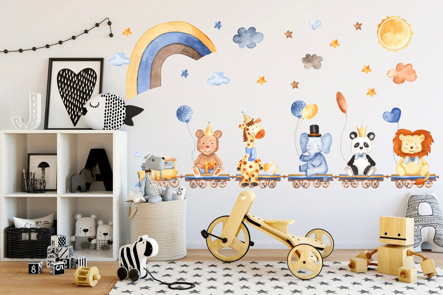 Animal Train Adventure: Bears, Giraffes, Lions, Pandas, Elephants on Train with Balloons under Starry Sky - BR088