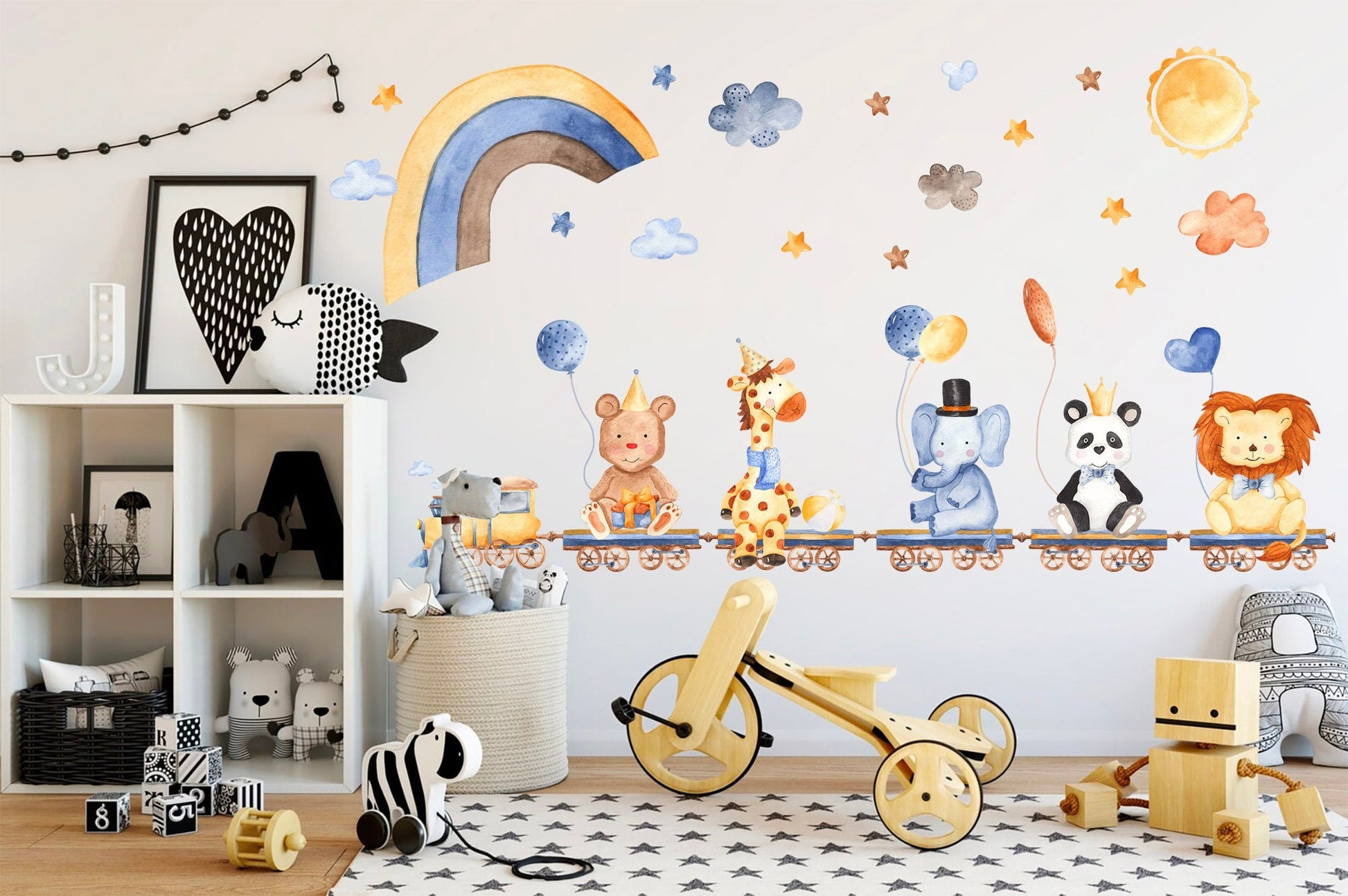 Animal Train Adventure: Bears, Giraffes, Lions, Pandas, Elephants on Train with Balloons under Starry Sky - BR088