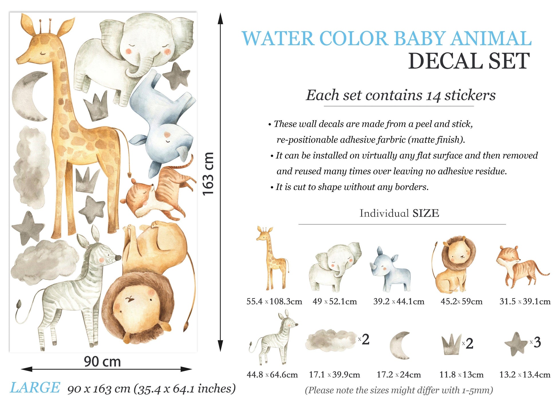 Adorable Baby Animals Watercolor Wall Decals for Girl's Room - BR003