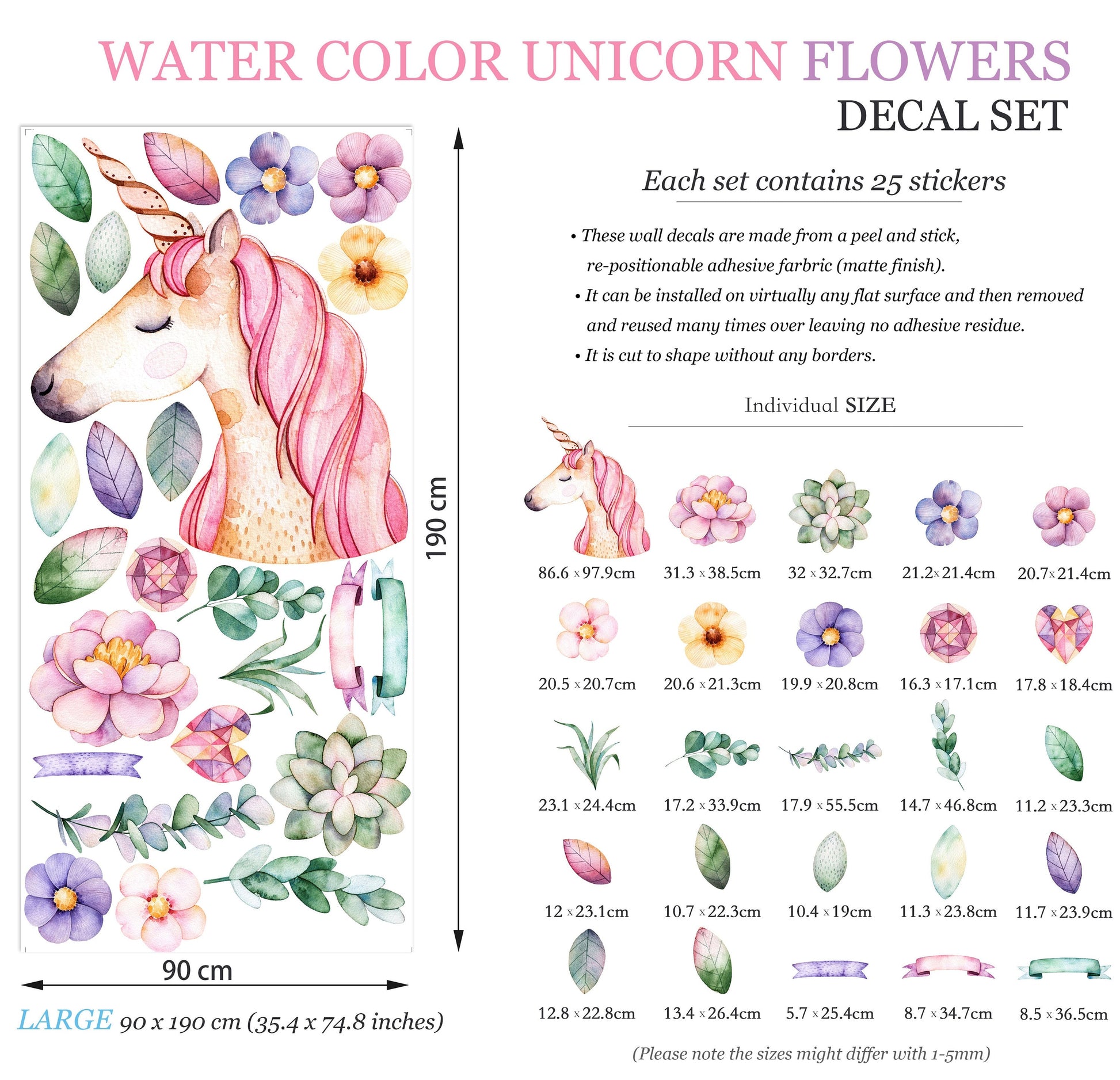 Dream Unicorn with Flowers Wall Stickers for Girls Room - BR004