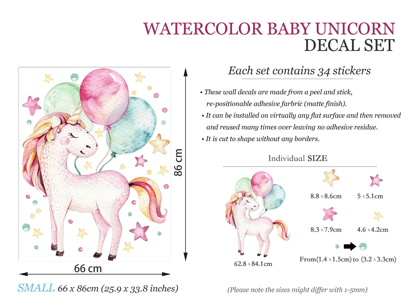 Magical Unicorn with Pastel Balloons and Stars Wall Decal - BR062