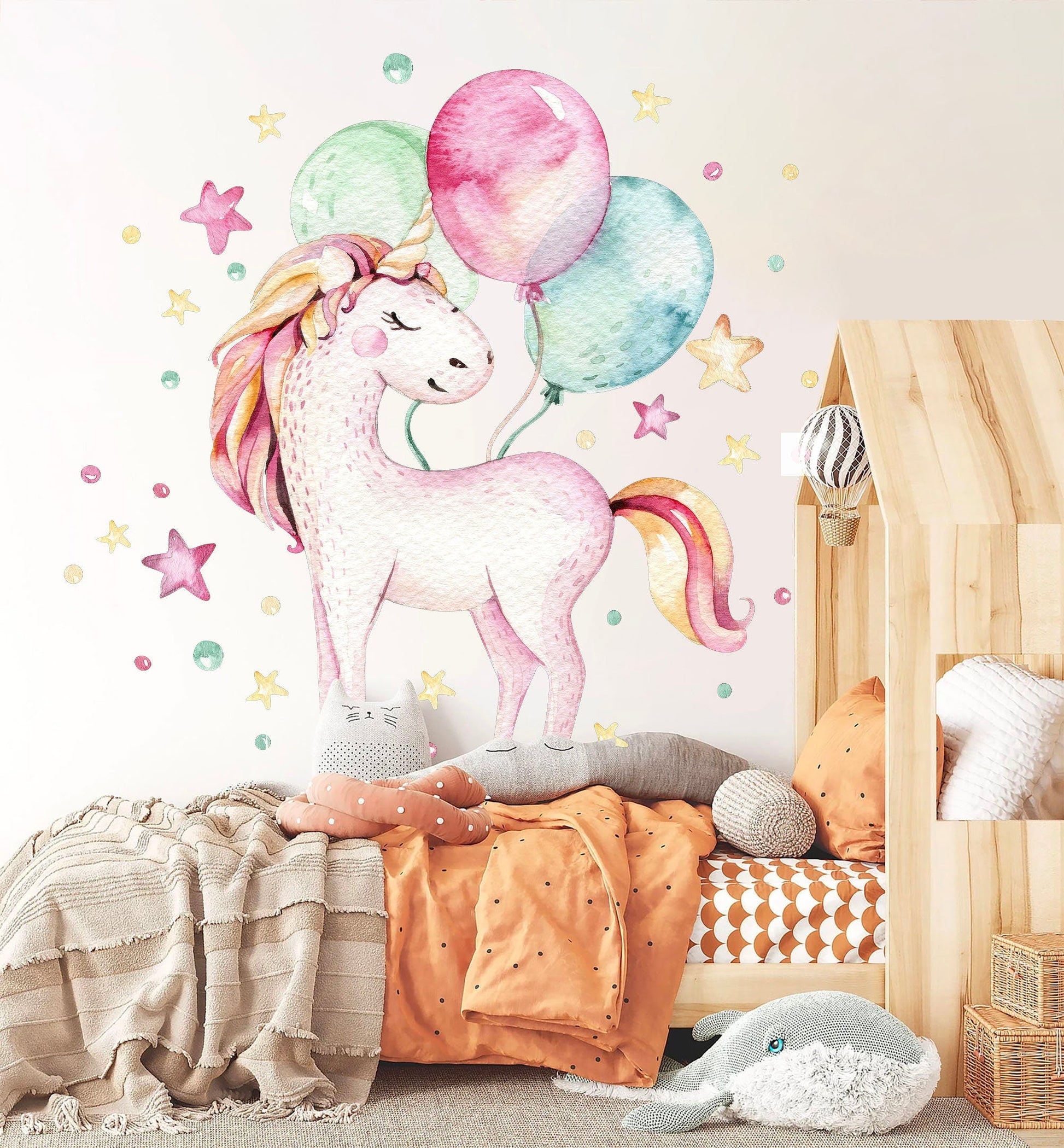 Magical Unicorn with Pastel Balloons and Stars Wall Decal - BR062