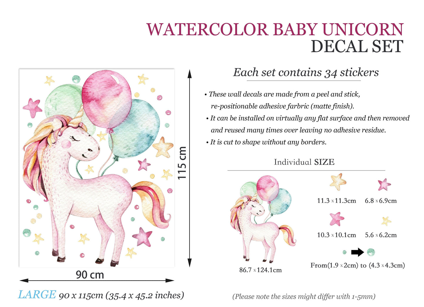 Magical Unicorn with Pastel Balloons and Stars Wall Decal - BR062