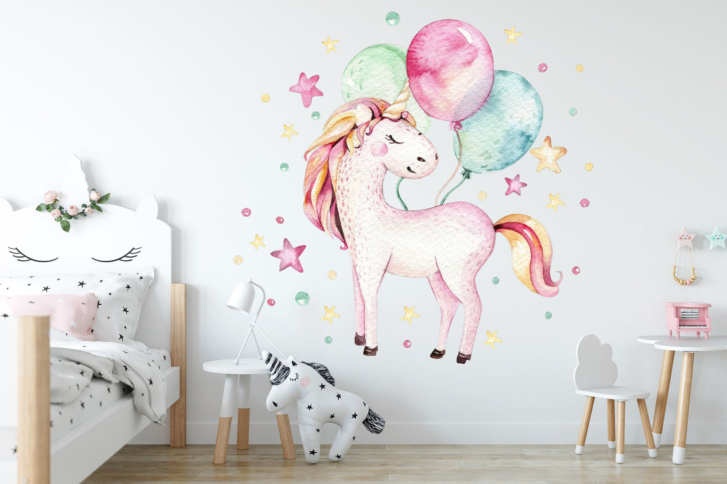 Magical Unicorn with Pastel Balloons and Stars Wall Decal - BR062