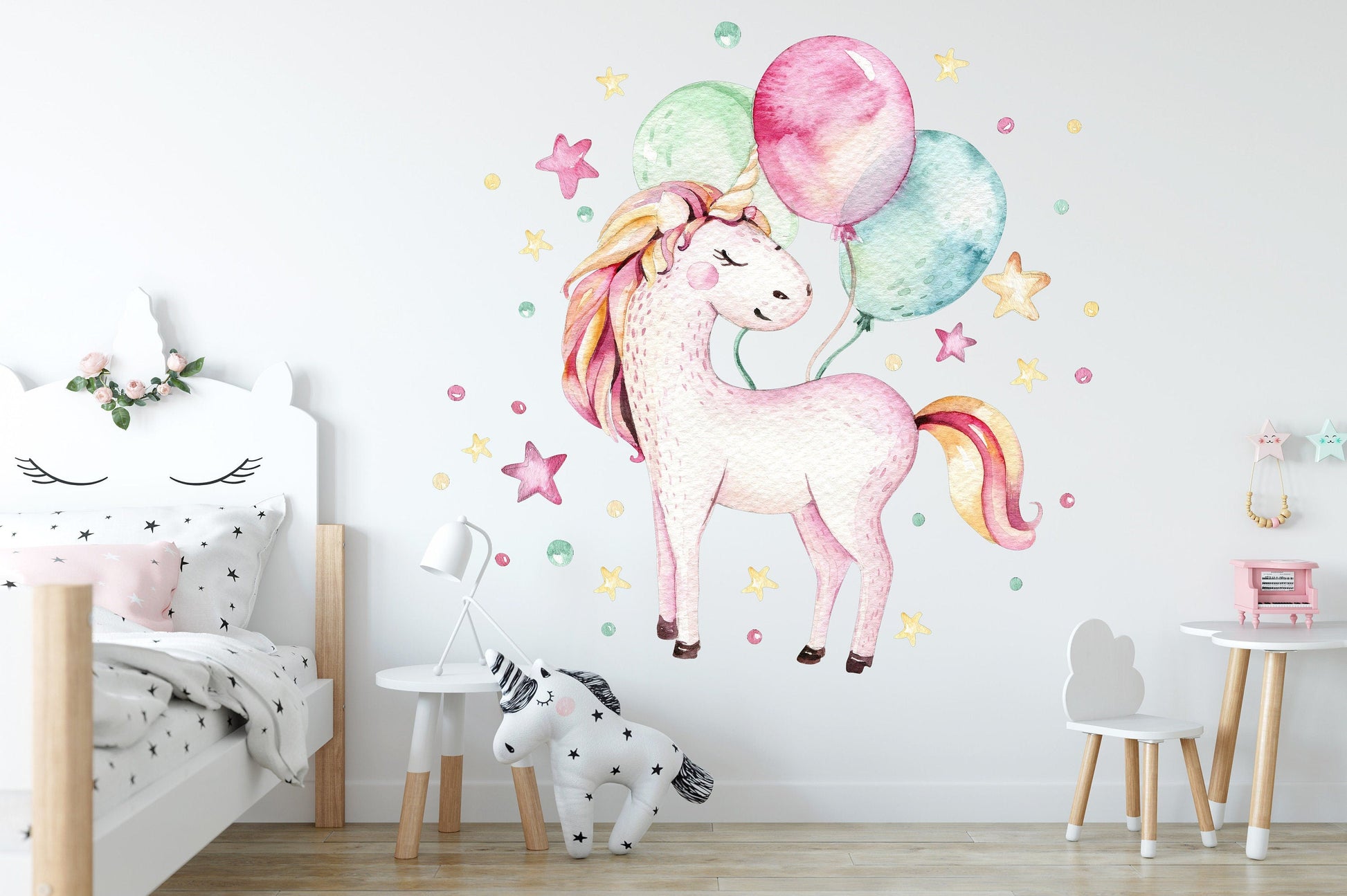 Magical Unicorn with Pastel Balloons and Stars Wall Decal - BR062
