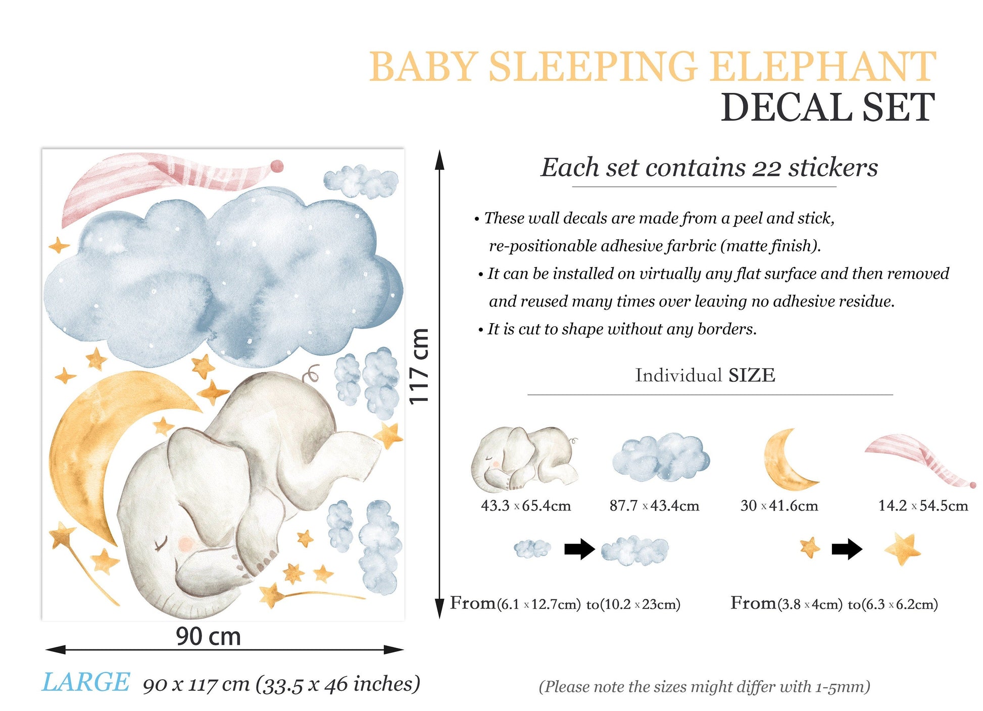 Sleeping Elephant Dreamland: Cartoon Wall Decal for Girls' Room - BR063