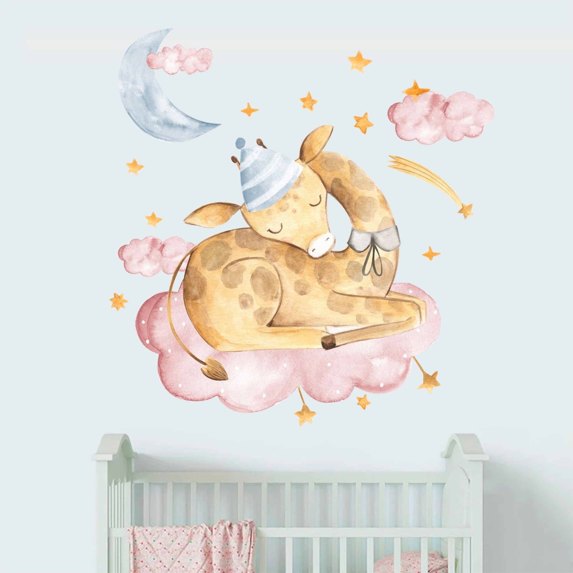 Sleeping Giraffe on Pink Cloud Wall Decals - Moon, Stars, Watercolor Style - Girls' Room Decor - BR064