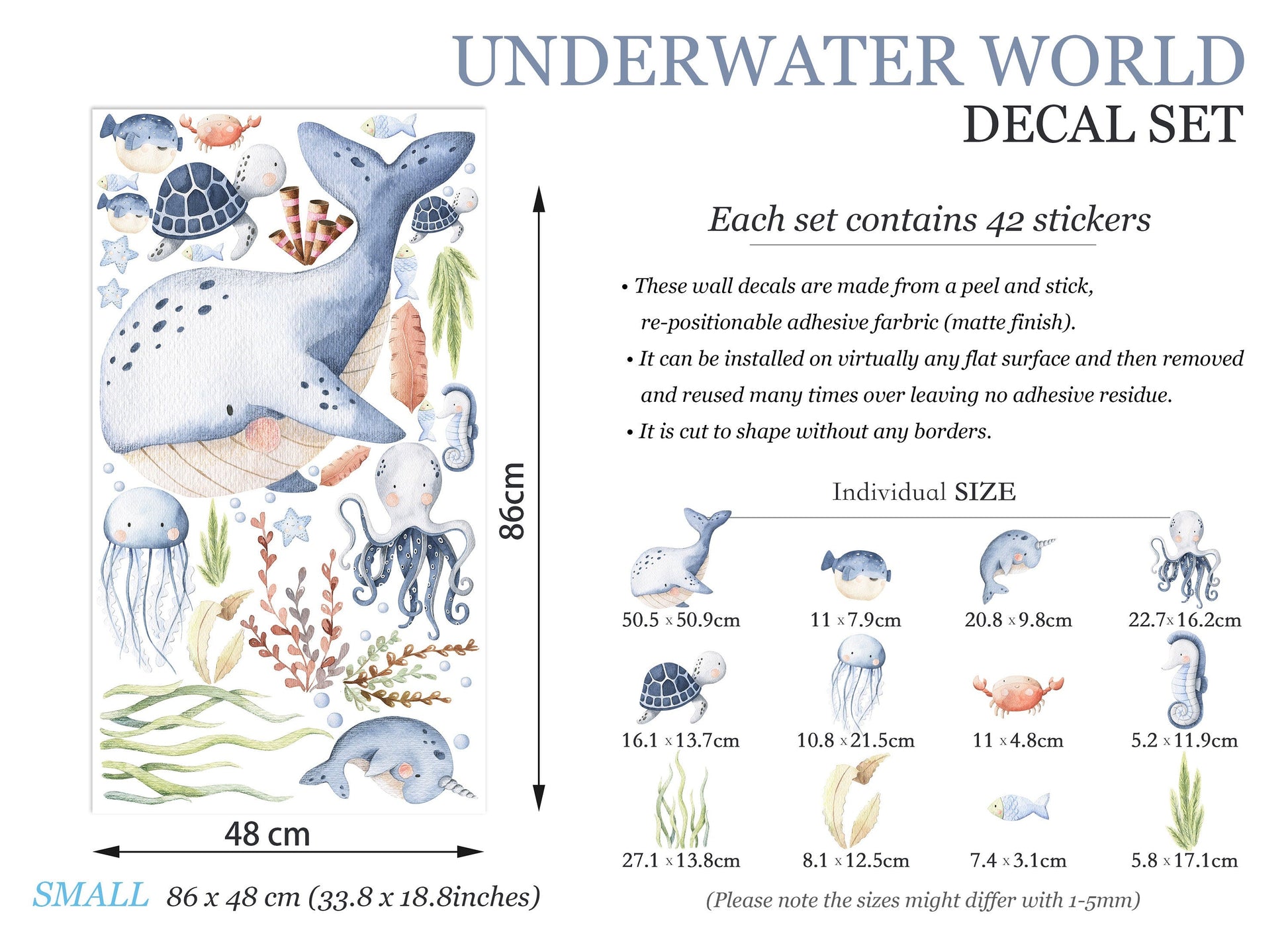 Underwater World Baby Marine Life Wall Decal - Orca Narwhal Sea Turtle Octopus Jellyfish Seahorse Seaweed - BR095