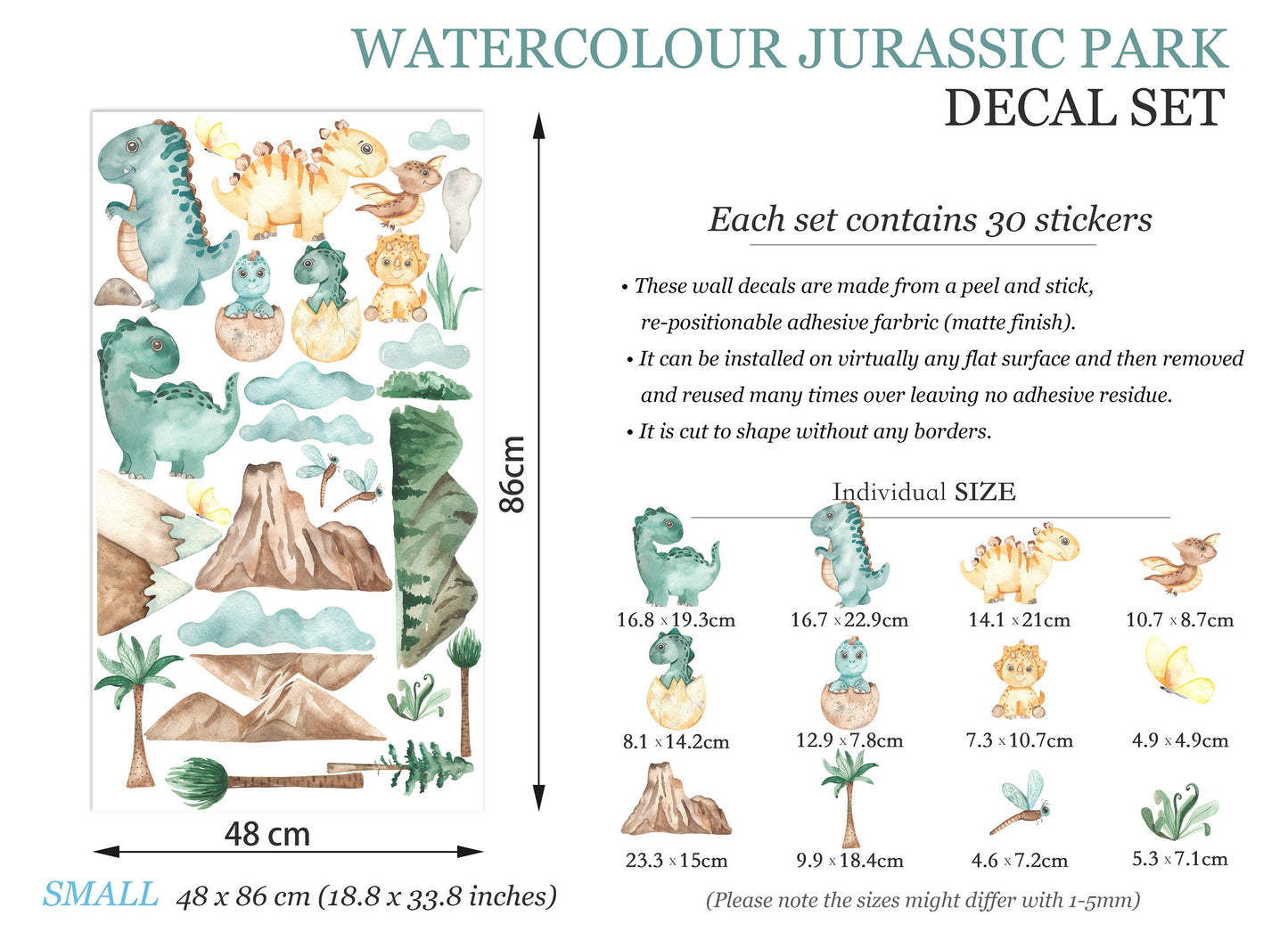 Watercolour Prehistoric Dinosaur Volcano Wall Decal - Removable Decal for Baby Room - BR096