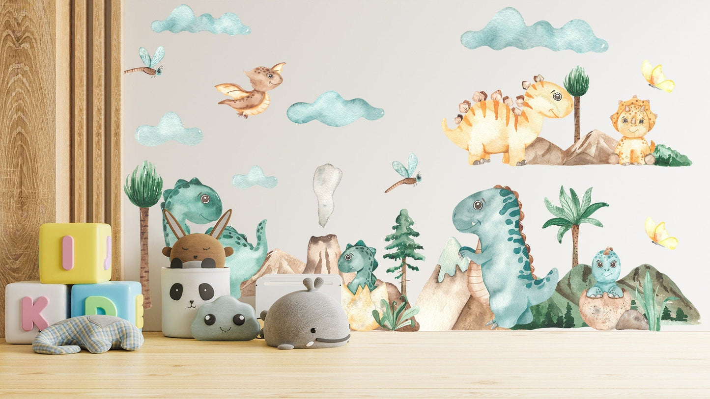 Watercolour Prehistoric Dinosaur Volcano Wall Decal - Removable Decal for Baby Room - BR096